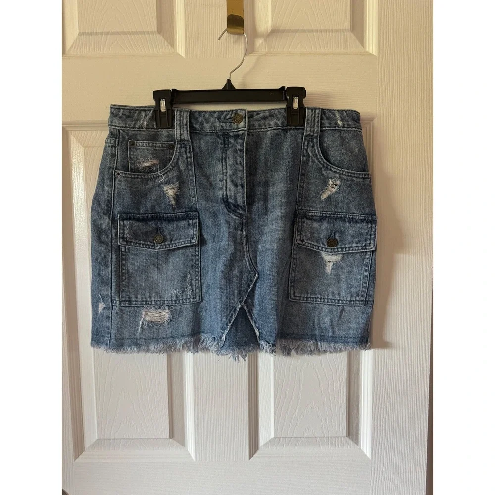 Michael Kors Denim Cargo Mini Skirt Distressed Frayed Hem Women's Size 10